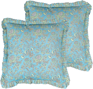 Dekokissen Blumenmuster Baumwolle türkis mit Rüschen 45 x 45 cm 2er Set AMOENA