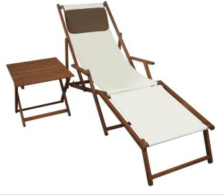 Gartenliege Liegestuhl weiß Fußablage Tisch Kissen Deckchair Holz Sonnenliege Buche 10-303FTKD