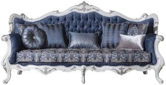 Casa Padrino Luxus Barock Wohnzimmer Sofa mit Muster und dekorativen Kissen Blau / Weiß / Silber 240 x 90 x H. 120 cm - Prunkvolle Barock Möbel