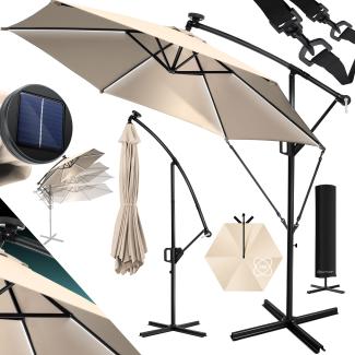 KESSER® Alu Ampelschirm LED Solar + Abdeckung mit Kurbelvorrichtung UV-Schutz Aluminium mit An-/Ausschalter Wasserabweisend - Sonnenschirm Schirm Gartenschirm 300cm, Beige