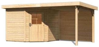 Gartenhaus Neuruppin 3 - 274x274 cm plus Anbaudach 3,20 m mit Rückwand, 28 mm Holz naturbelassen, Karibu