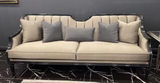 Casa Padrino Luxus Art Deco Sofa Beige / Schwarz - Handgefertigtes Massivholz Wohnzimmer Sofa - Luxus Art Deco Wohnzimmer Möbel