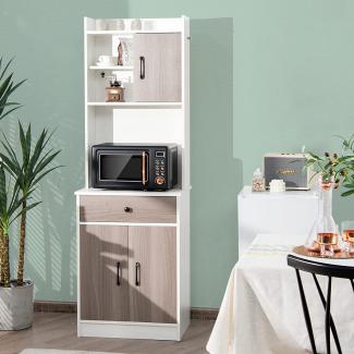 COSTWAY 180cm Küchenschrank Holz mit Schublade, verstellbare Einlegeböden und Kabelloch, großes offenes Raum für Mikrowelle, freistehend, 60 x 40 x 180cm Weiß
