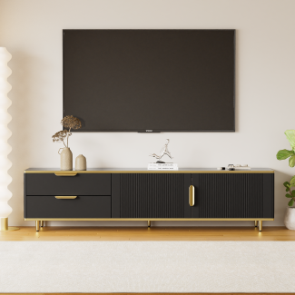 Merax TV-Schrank, niedriger Teller mit geschnitzter Textur, goldenen Griffen und Füßen, Wohnzimmermöbel mit Marmorstruktur , Schwarz