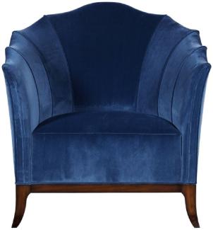 Casa Padrino Luxus Art Deco Sessel Blau / Dunkelbraun - Handgefertigter Massivholz Wohnzimmer Sessel mit edlem Samtstoff - Art Deco Wohnzimmer Möbel