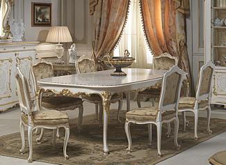 Casa Padrino Luxus Barock Esszimmer Set Weiß / Gold - 1 Esstisch & 6 Esszimmerstühle - Esszimmer Möbel im Barockstil - Hotel Restaurant Schloss Möbel - Luxus Qualität - Made in Italy
