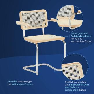 KHG 2er Set Schwingstühle mit Armlehnen Chrom Made in Italy - Rückenlehne und Sitzfläche aus Massivholz Buche und Rattan - Esszimmerstuhl, Küchenstuhl Design Stuhl mit Wiener Geflecht