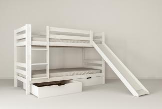 Etagenbett Kinderbett MARK 200x90 cm mit Rutsche und 2 Bettkästen Buchenholz massiv weiß
