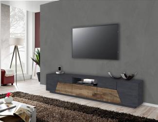 Dmora Wohnzimmermöbel TV-Möbel, Made in Italy, TV-Möbel mit 4 geometrischen Türen und 1 Schublade, Cm 220x43h46, Schiefer und Ahorn
