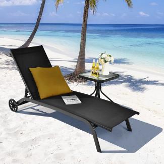 COSTWAY Sonnenliege Liegestuhl mit Rädern für Garten, bis 150kg belastbar, Schwarz, 190,5x61x34cm