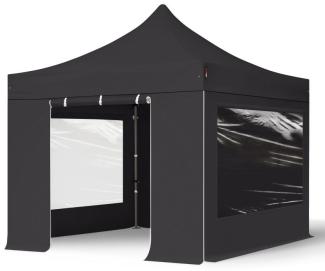 3x3 m Faltpavillon, PREMIUM Stahl 40mm, feuersicher, Seitenteile mit Panoramafenstern, schwarz