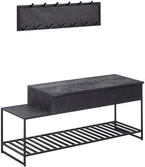 KADIMA DESIGN Industrial Garderoben-Set aus Mango Massivholz, moderner Industrial-Style mit Wandgarderobe, Sitzbank, Regal und Schuhregal für Ihren Eingangsbereich.