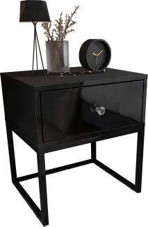Domando Nachttisch Corvara Modern für Schlafzimmer Breite 45cm, schwarzes Metallgestell, Kristallgriff in Schwarz Matt und Schwarz Hochglanz