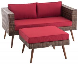 2er Sofa Molde mit Fußhocker Flachrattan braun-meliert 40 cm (Dunkelbraun), rubinrot