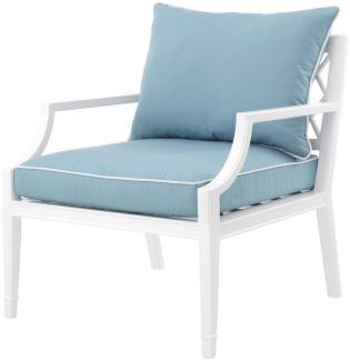 Casa Padrino Luxus Sessel mit Kissen Weiß / Hellblau 68,5 x 80 x H. 79 cm - Sessel aus hochwertigen strapazierbarem Aluminium - Wohnzimmermöbel - Gastronomie Möbel
