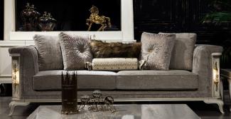 Casa Padrino Luxus Barock Sofa Grau / Weiß / Gold - Beleuchtetes Wohnzimmer Sofa im Barockstil - Barock Wohnzimmer Möbel - Edel & Prunkvoll