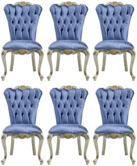 Casa Padrino Luxus Barock Esszimmerstuhl Set Blau / Silber / Gold - Handgefertigtes Küchen Stühle 6er Set - Barock Esszimmer Möbel - Edel & Prunkvoll
