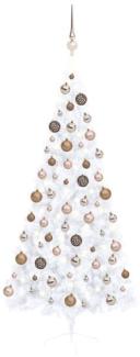 vidaXL Künstlicher Halber Weihnachtsbaum mit LEDs & Kugeln Weiß 180 cm, Mit Beleuchtung [3077570]