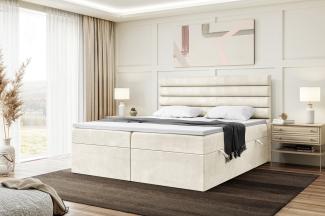 MEBLINI Boxspringbett KARIM 180x220 cm mit Bettkasten - H4/Creme Samt Polsterbett - Doppelbett mit Topper & Taschenfederkern-Matratze