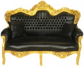 Casa Padrino Barock 2er Sofa Master Schwarz Lederoptik / Gold - Wohnzimmer Couch Möbel Lounge