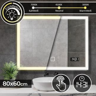Aquamarin® Badspiegel mit LED Beleuchtung - Touchschalter, Dimmbar 3in1 Kaltweiß Neutral Warmweiß Einstellbar, Digitaluhr, 80 x 60 cm