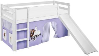 Lilokids 'Jelle' Spielbett 90 x 190 cm, Pferde Lila Beige, Kiefer massiv, mit Rutsche und Vorhang