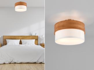 LED Deckenleuchte, Holzlampe mit Stoffschirm Weiß Ø 30cm