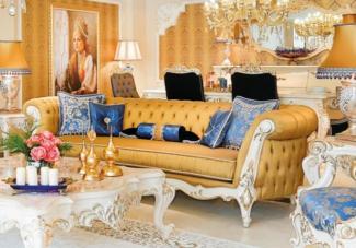 Casa Padrino Luxus Barock Chesterfield Wohnzimmer Sofa Gold / Weiß / Gold 300 x 110 x H. 80 cm