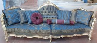 Casa Padrino Luxus Barock Sofa Blau / Gold 300 x 90 x H. 119 cm - Prunkvolles Wohnzimmer Sofa mit elegantem Muster - Barock Möbel