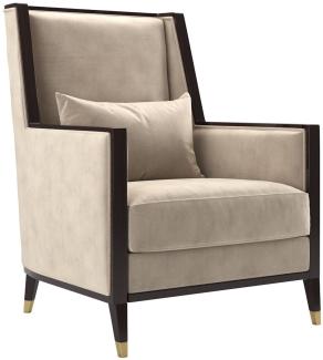 Casa Padrino Luxus Art Deco Samt Sessel Beige / Dunkelbraun Hochglanz / Gold 75 x 75 x H. 105 cm - Edler Wohnzimmer Sessel - Luxus Art Deco Möbel