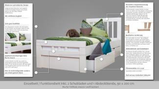 Einzelbett Easy Premium Line K8 inkl. 2 Schubladen, 90 x 200 cm Buche Vollholz massiv weiß lackiert