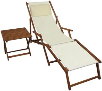 Gartenliege Liegestuhl weiß Fußablage Tisch Kissen Deckchair Holz Sonnenliege Buche 10-303FTKH