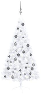 vidaXL Künstlicher Halber Weihnachtsbaum mit LEDs & Kugeln Weiß 150 cm, Mit Beleuchtung [3077655]