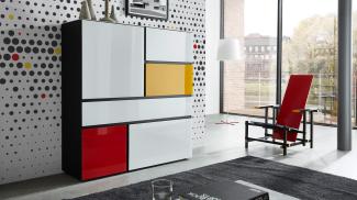 Germania IDEEUS Highboard schwarz und Glas weiß rot gelb