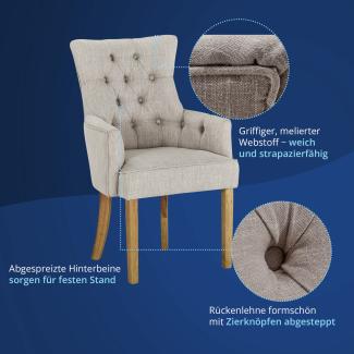KHG Esszimmerstuhl Relax-Sessel grau Webstoff, große Armlehnen - Rückenlehne mit Zierknöpfen, Massivholz Stuhlbeine - Küchenstuhl, Design Stuhl Lounge Sessel