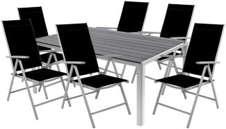 7-tlg Gartenmöbel Set Alu Non-Wood 180x90x74cm + 6 Klappstühle Silber