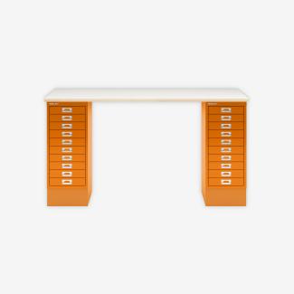 MultiDesk, 2 MultiDrawer mit 10 Schüben, Dekor Plywood, Farbe Orange, Maße: H 740 x B 1400 x T 600 mm