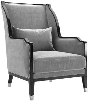 Casa Padrino Luxus Art Deco Samt Sessel Grau / Schwarz / Silber 75 x 90 x H. 103 cm - Edler Wohnzimmer Sessel - Luxus Qualität - Art Deco Möbel