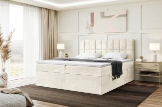 MEBLINI Boxspringbett LUKAS 180x220 cm mit Bettkasten - H4/Creme Samt Polsterbett - Doppelbett mit Topper & Taschenfederkern-Matratze