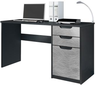 Vladon Schreibtisch Logan, Bürotisch mit 2 Schubladen und 1 Tür, Schwarz matt/Scratchy Metal (129 x 76 x 60 cm)