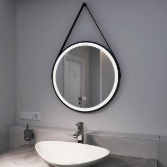 EMKE Badspiegel mit LED Beleuchtung Touch Dimmbar 6500K Abnehmbarer Gürtel Lichtspiegel Schwarz Rahmen ф60cm