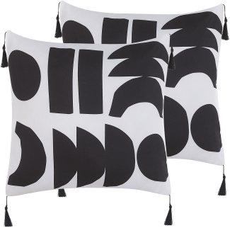 Dekokissen geometrisches Muster mit Fransen weiß schwarz 45 x 45 cm 2er Set LIRIOPE