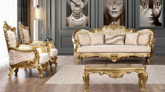 Casa Padrino Luxus Barock Wohnzimmer Set Cremefarben / Gold - 2 Barock Sofas & 2 Barock Sessel & 1 Barock Couchtisch - Barock Wohnzimmer Möbel