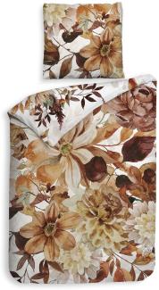 Heckett & Lane Mako-Satin Bettwäsche 135x200 Selina white Blüten Blätter braun