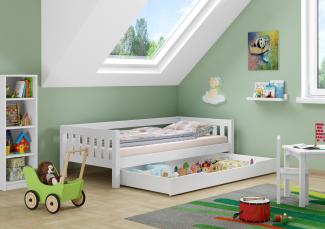 Gemütliches Kinderbett mit dreiseitiger Sicherung 90x200 cm Kiefer weiß V-60. 29-09WRollrost und Bettkasten inkl.