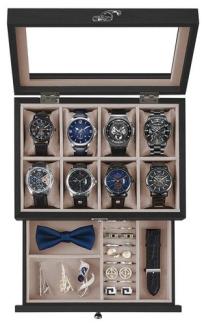 SONGMICS Uhrenbox mit 8 Fächern, Uhrenkasten aus Massivholz, mit Glasdeckel