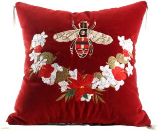 Casa Padrino Luxus Deko Kissen mit Troddeln Bee Rot / Mehrfarbig 45 x 45 cm - Feinster Samtstoff - Luxus Deko Accessoires
