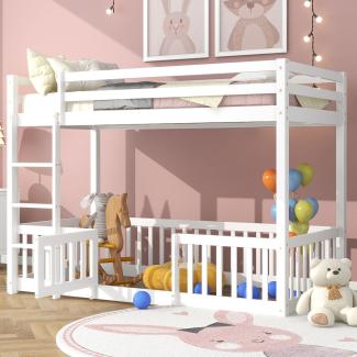 Merax Etagenbett mit rechtwinkliger Treppe, Bett mit Zäune und Türchen, Kinderbett mit Fallschutz und Gitter, Massivholz, weiß (200x90cm)