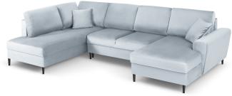 Micadoni 7-Sitzer Samtstoff Panorama Sofa Links mit Box und Schlaffunktion Moghan | Bezug Light Blue | Beinfarbe Black C.