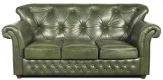 Casa Padrino Chesterfield Echtleder 3er Sofa in grün mit dunkelbraunen Füßen 200 x 80 x H. 85 cm